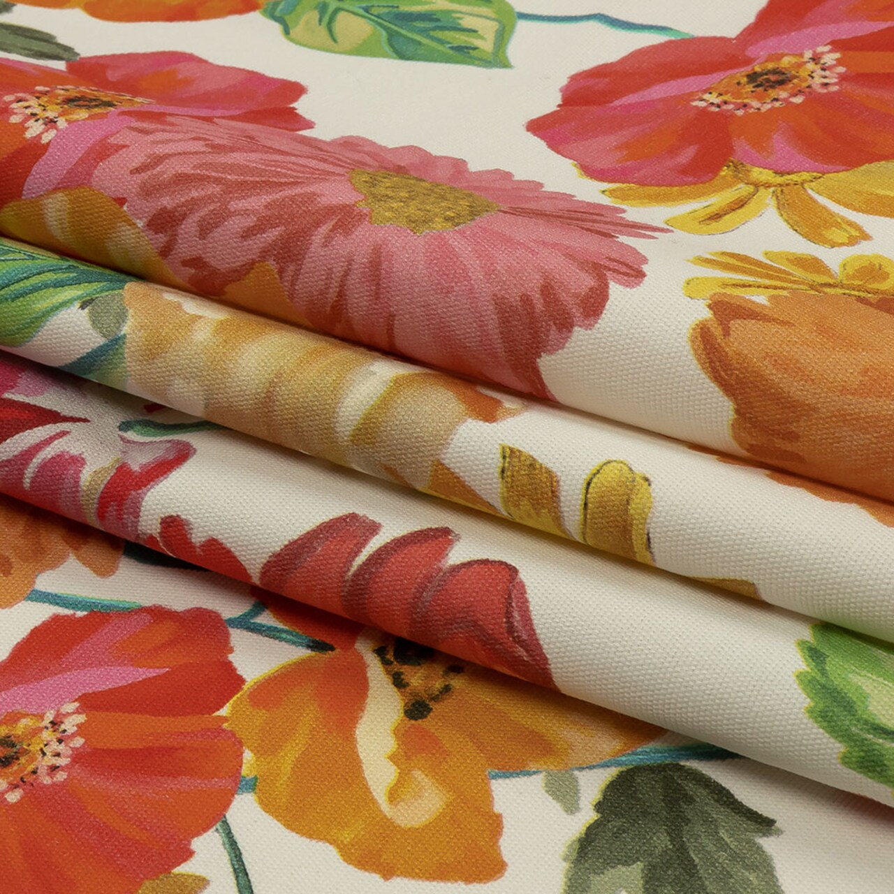 1 Yard Stretch Cotton Canvas Print White, Pink and Orange Floral Garden Glory